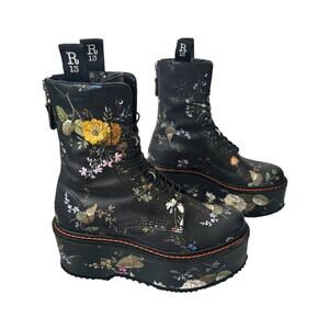 R13 Rocker Chic Double Stack Platform Boots US 8 EU 38 Black w/ Floral Design